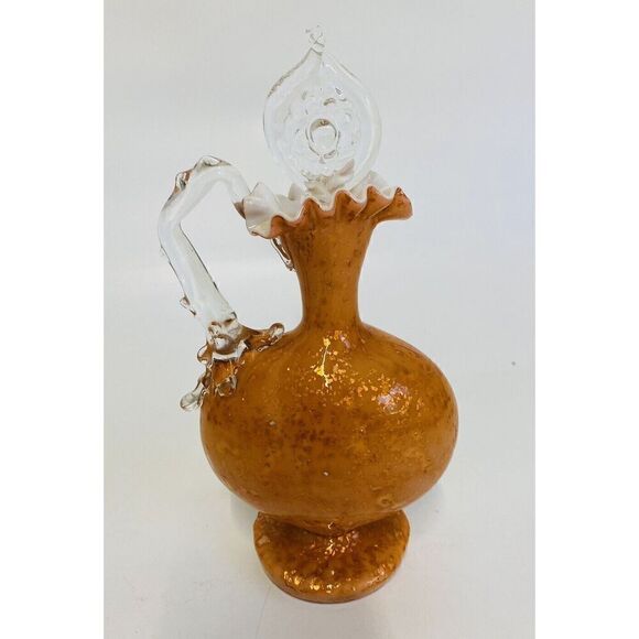 Vasa Murrhina Murano Cruet Ruffle Top White Interior Peach Gold Flakes Art Glass - Picture 1 of 16